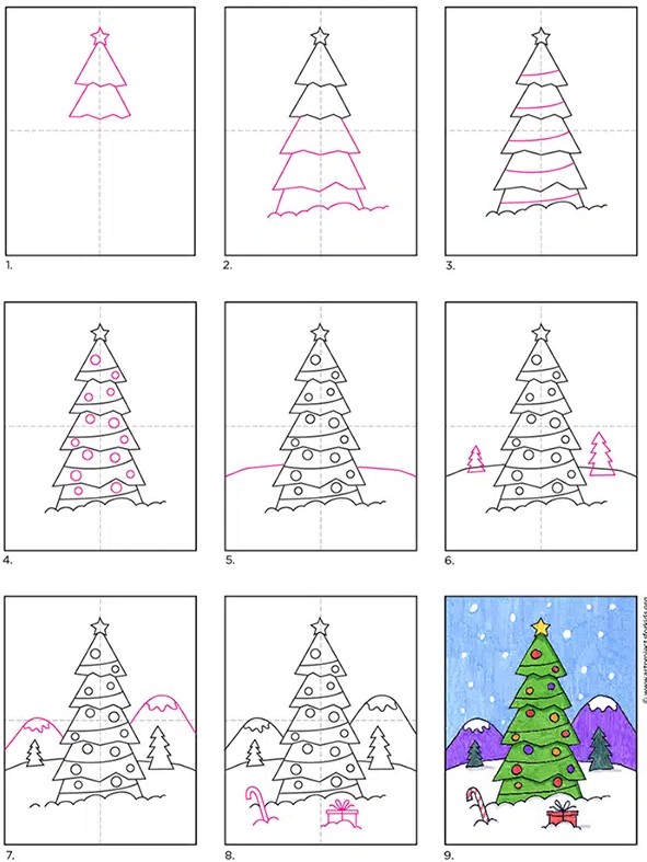 Hướng dẫn vẽ cây thông Noel chi tiết