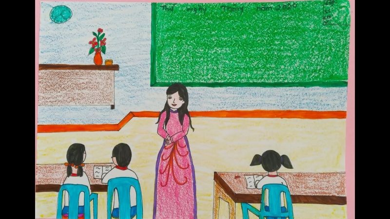 Cô giáo dịu hiền trong tà áo dài dạy các bé trong giờ học