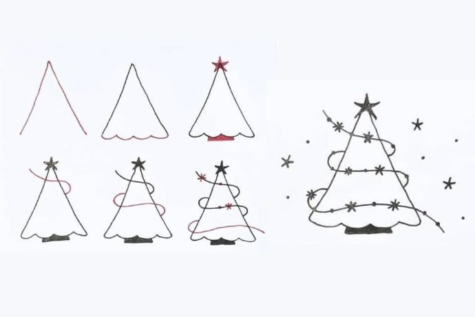 Vẽ cây thông Noel dáng tam giác đơn giản với các đường nét cơ bản
