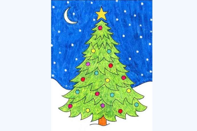 Tranh vẽ cây thông Noel với phong cách màu nước nhẹ nhàng và lãng mạn