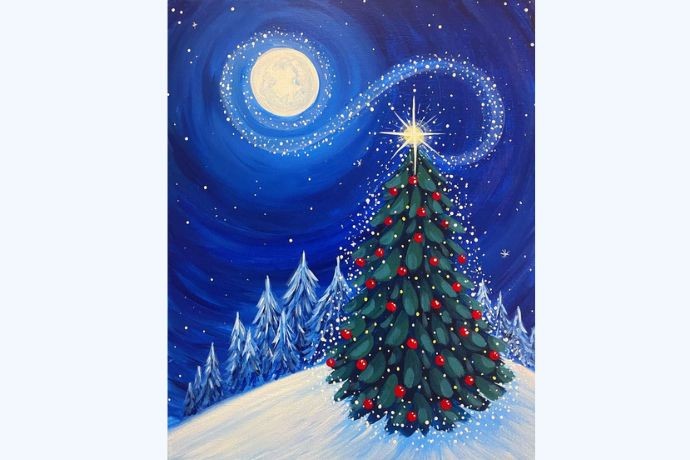 Tranh vẽ cây thông Noel với phong cách hoạt hình vui nhộn và đáng yêu