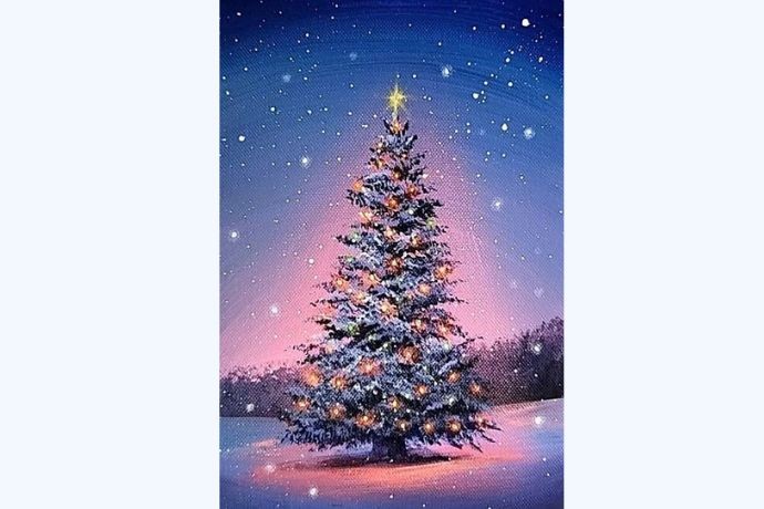 Tranh vẽ cây thông Noel với phong cách vintage, cổ điển và ấm áp