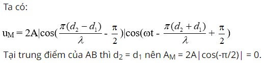 Giải bài tập giao thoa sóng, tính biên độ dao động tại trung điểm AB khi biết phương trình sóng của hai nguồn