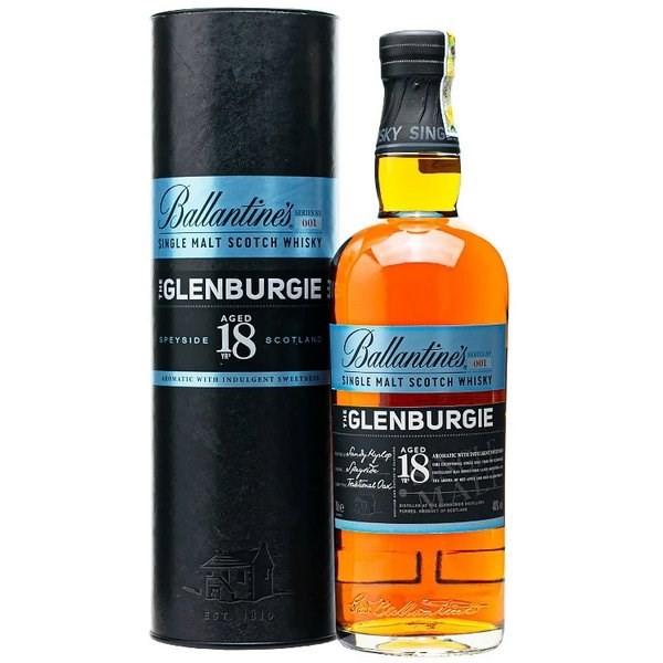 Ảnh chai rượu Ballantine's The Glenburgie 18 năm với thiết kế mạnh mẽ, nam tính, thể hiện sự sang trọng và đẳng cấp của dòng rượu whisky lâu năm
