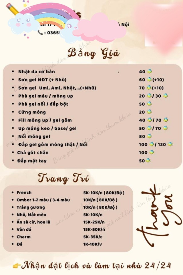 Bảng giá dịch vụ vẽ móng, trang trí nail