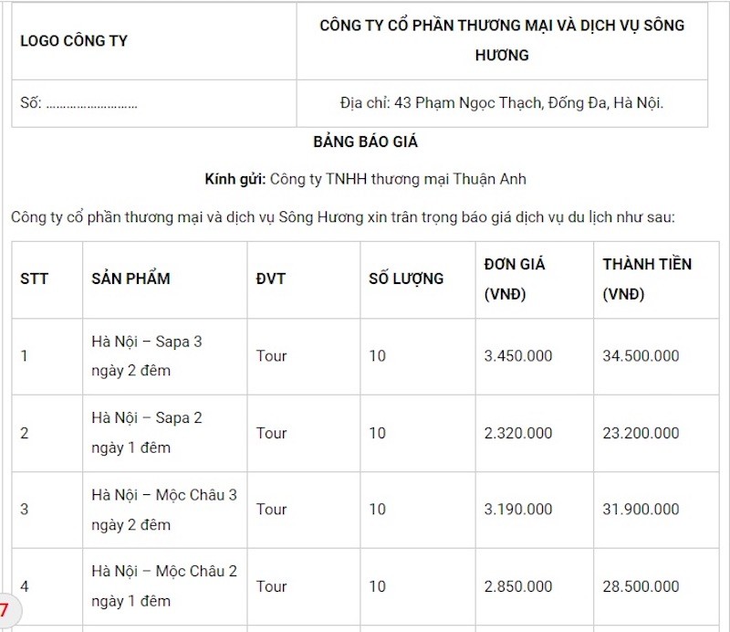 Các loại mẫu báo giá phổ biến hiện nay