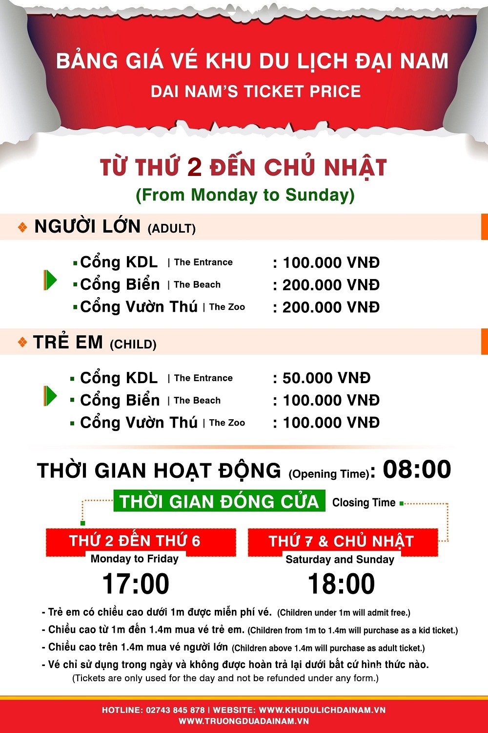 Giá vé khu du lịch Đại Nam mới nhất