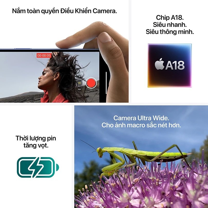 iPhone 16 phiên bản thường với chip A18 Bionic mạnh mẽ và lớp bảo vệ Ceramic Shield bền bỉ