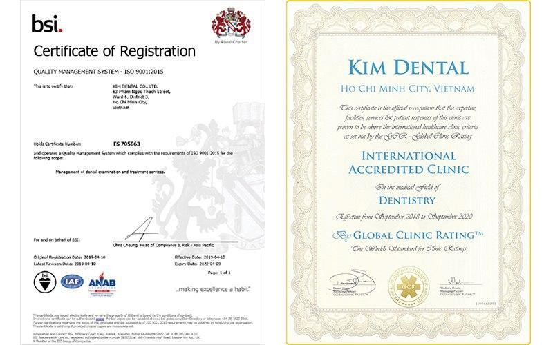 Chứng nhận tiêu chuẩn quốc tế ISO 9001:2015 và giải thưởng GCR của Nha Khoa Kim.