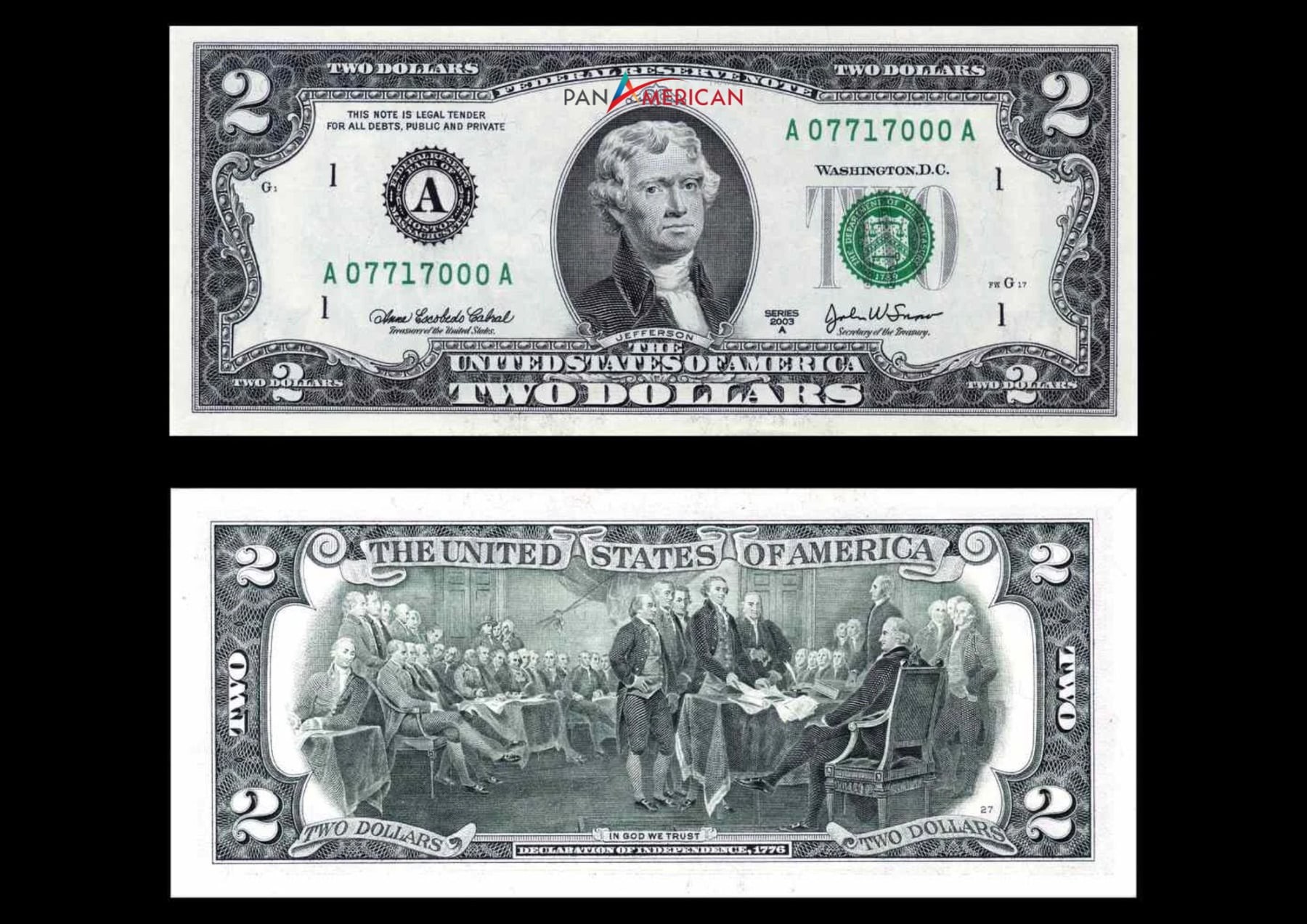 Đồng 2 đô la Mỹ in hình Thomas Jefferson và cảnh ký Tuyên ngôn Độc lập