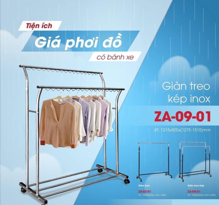 Giá phơi đồ inox 2 tầng có khoen móc