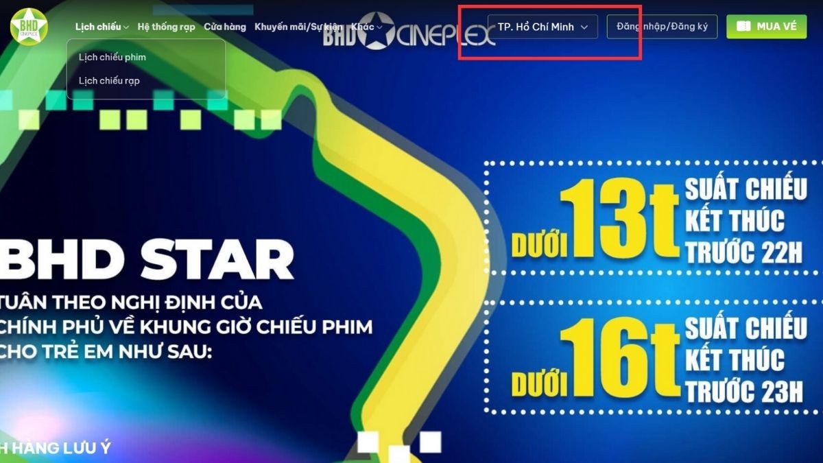 Giao diện xem lịch chiếu phim BHD
