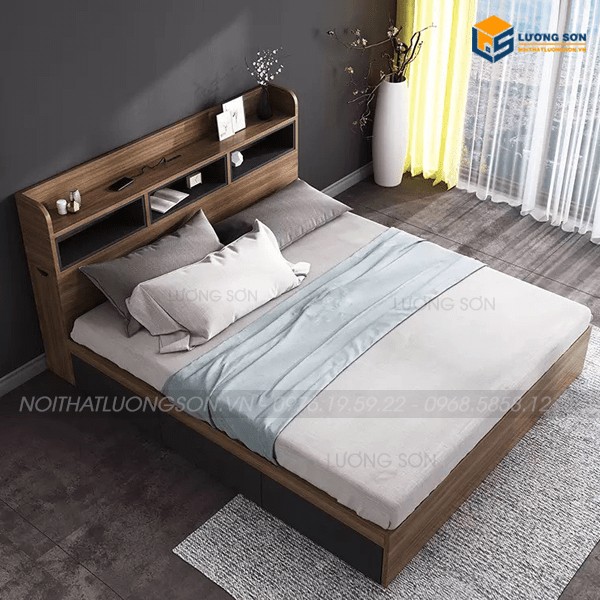 Giường ngủ 1m2 gỗ công nghiệp hiện đại với ngăn kéo tiện lợi.