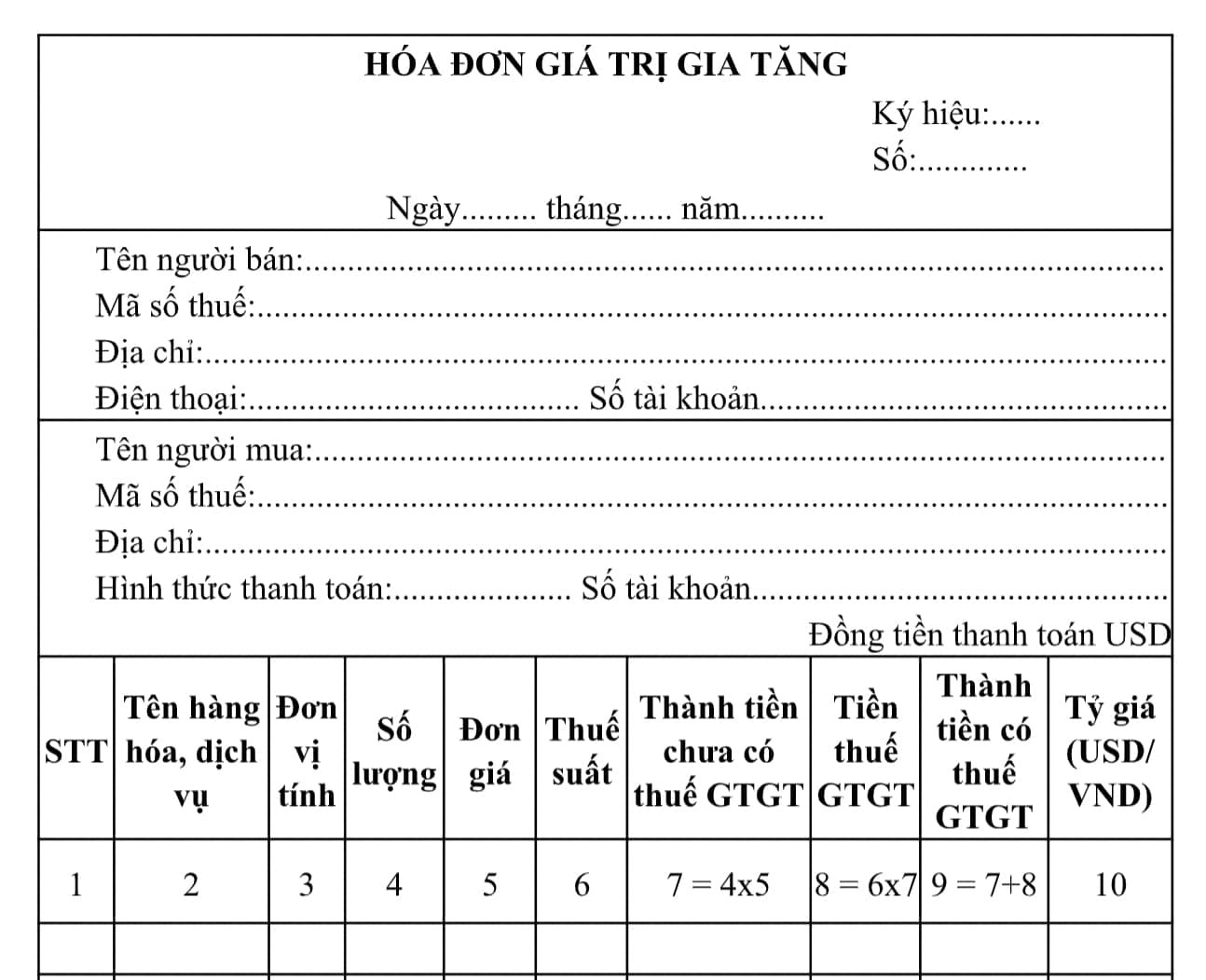 hình ảnh mẫu hóa đơn GTGT ngoại tệ