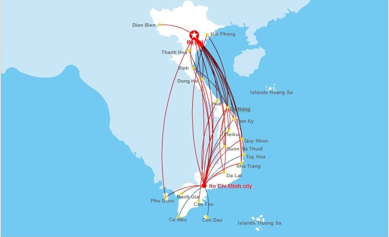 Mạng đường bay nội địa Việt Nam, giúp hành khách dễ dàng lên kế hoạch cho chuyến đi với nhiều lựa chọn điểm đến.