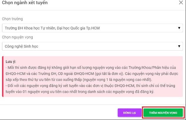Đăng ký nguyện vọng xét tuyển vào các đơn vị