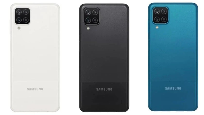 Thiết kế tổng quan của điện thoại Samsung Galaxy A12 với mặt lưng nhám và cụm camera vuông