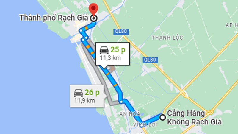 Bản đồ chỉ dẫn đường đi từ sân bay Rạch Giá về trung tâm thành phố, giúp hành khách dễ dàng định hướng