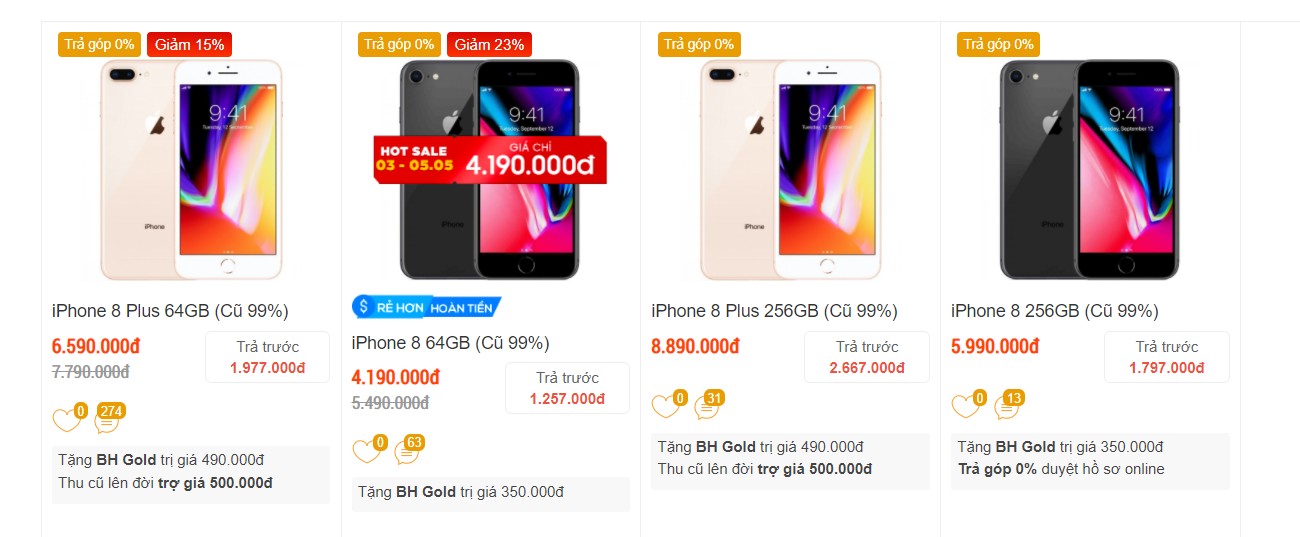 Bảng giá iPhone 8 Plus cũ và mới cập nhật năm 2021, thể hiện sự khác biệt giá giữa các phiên bản dung lượng và tình trạng máy khác nhau.