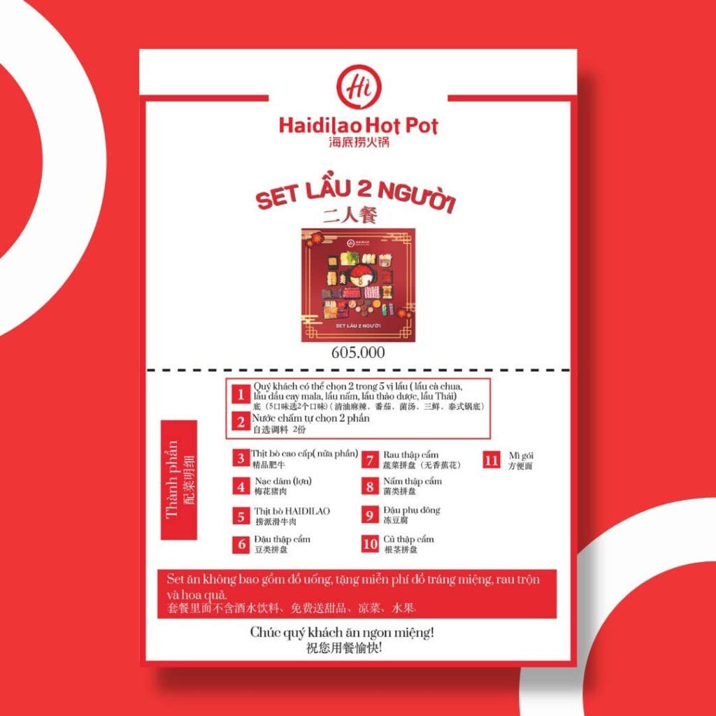 Menu Haidilao lẩu 2 người với nhiều món ăn hấp dẫn