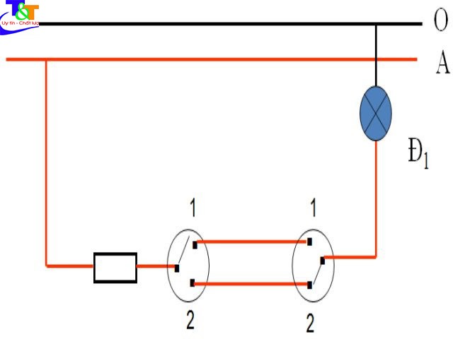 Sơ đồ mạch điện hai công tắc ba cực điều khiển một đèn