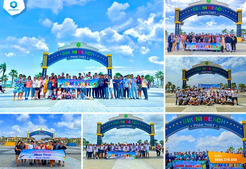 Bãi Rạng Mũi Né với bờ cát trắng mịn trải dài và làn nước biển xanh biếc.