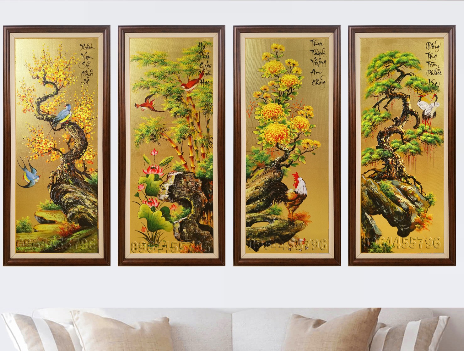 Tranh tứ quý tùng cúc trúc mai dát vàng, mang vẻ đẹp sang trọng và ý nghĩa phong thủy tốt lành